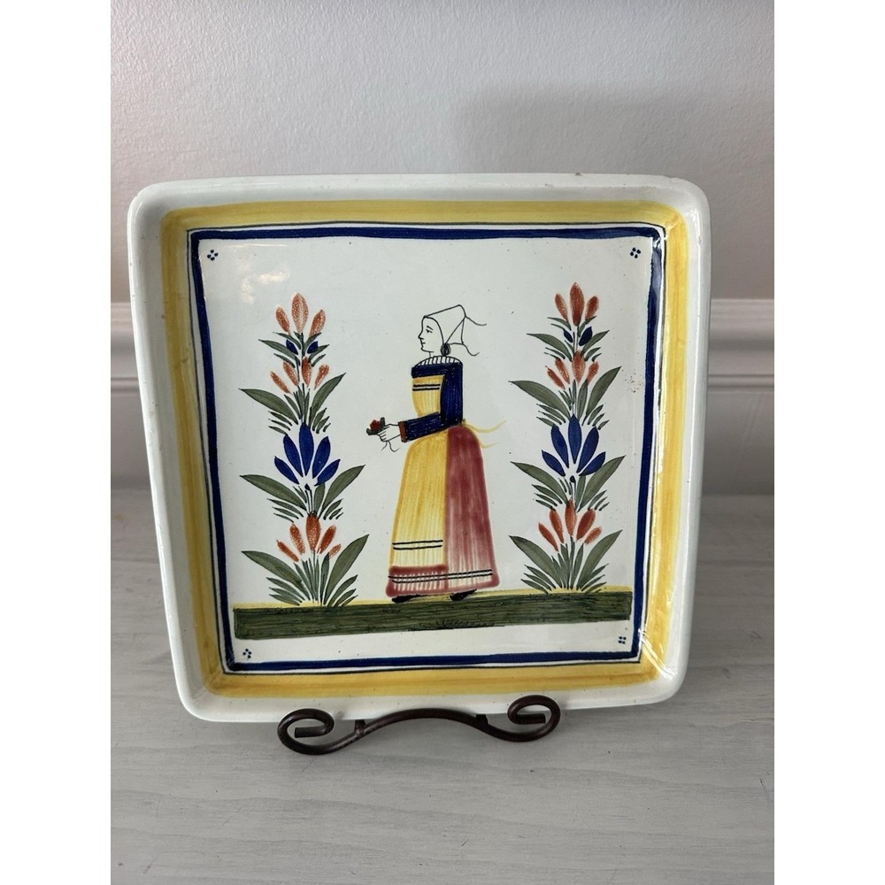 Henriot Quimper France Hand Painted Faience Breton Woman Square Platter 9"‎